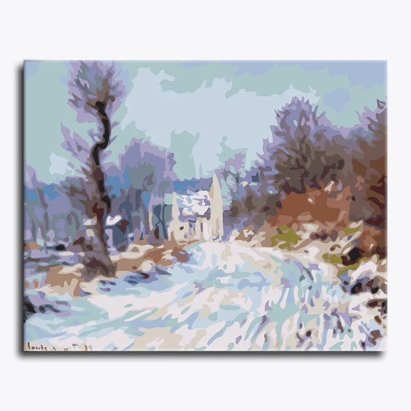 Painting of a landscape with trees and a path on a canvas