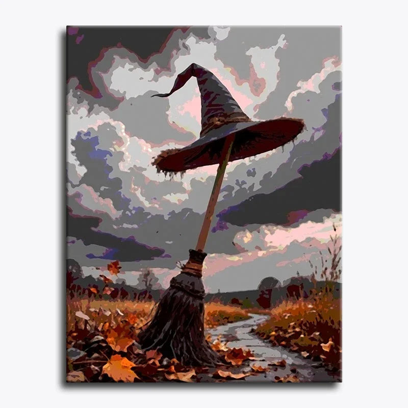 Mushroom with a witch hat on a broomstick in an autumnal landscape