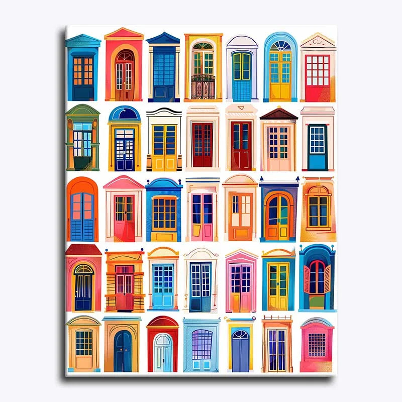 Colorful illustration of various doors arranged in a grid on a white background