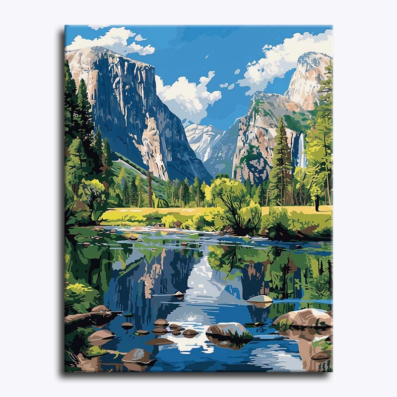 Canvas print of a mountain landscape with a lake and trees.