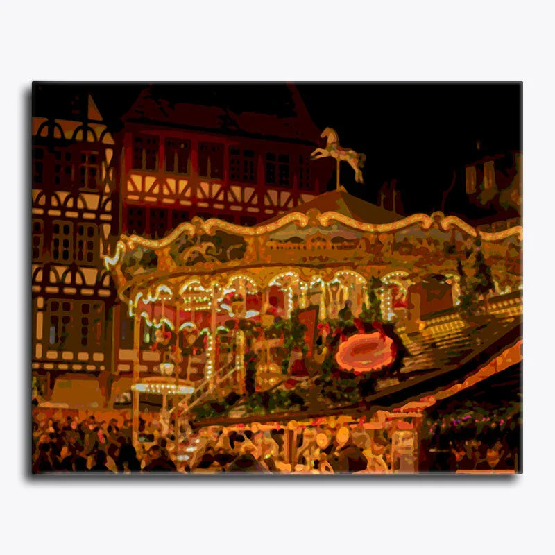 Carrousel at night with people around, illuminated by lights