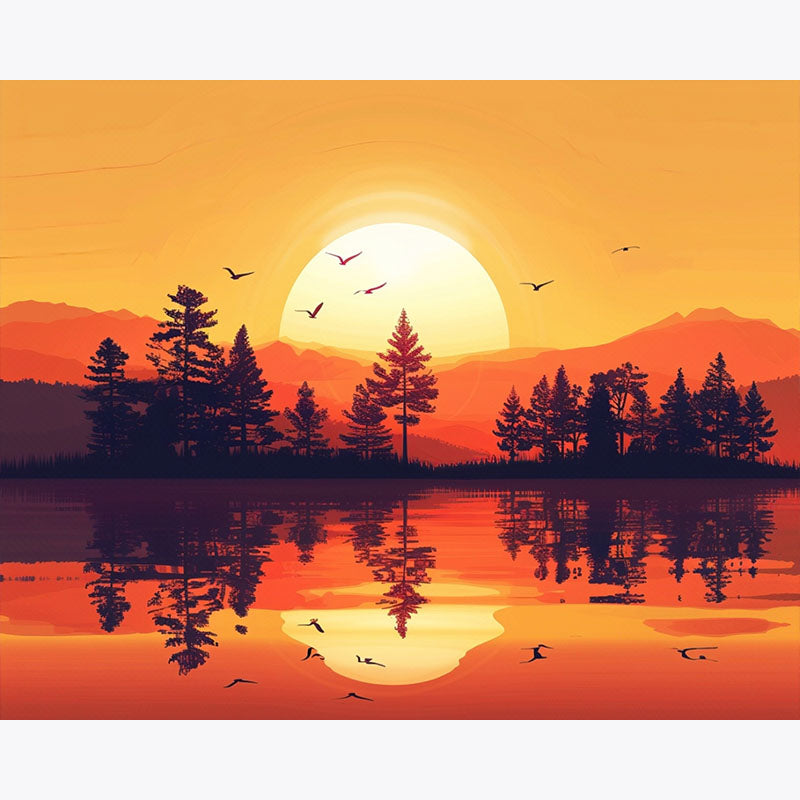Sunset over a lake with trees and birds
