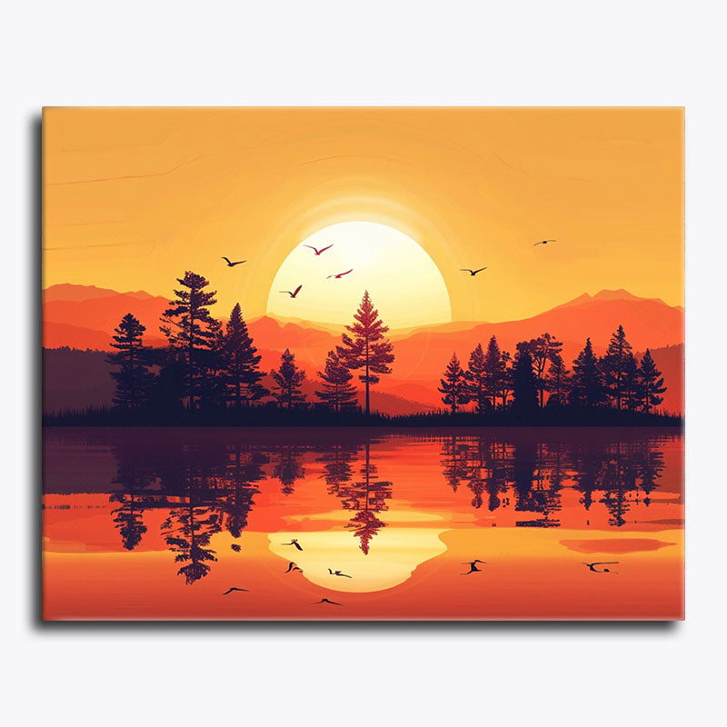 Paint by numbers artwork featuring a vivid orange sunset over a still lake, silhouetted pine trees, birds in flight, and mountain layers reflected in calm water.
