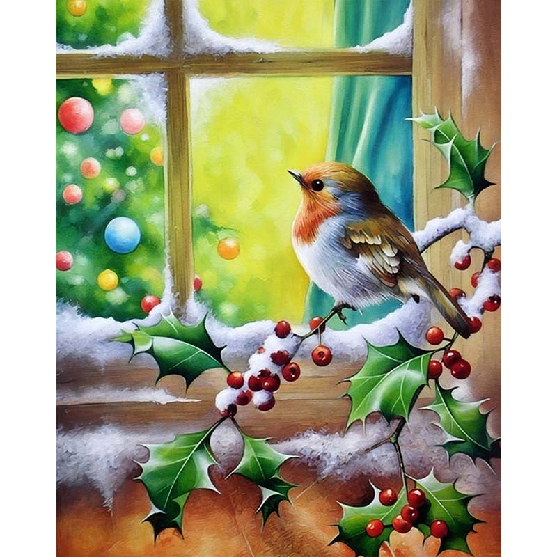 Close-up detail of robin feathers and holly berries in a festive paint by numbers artwork.