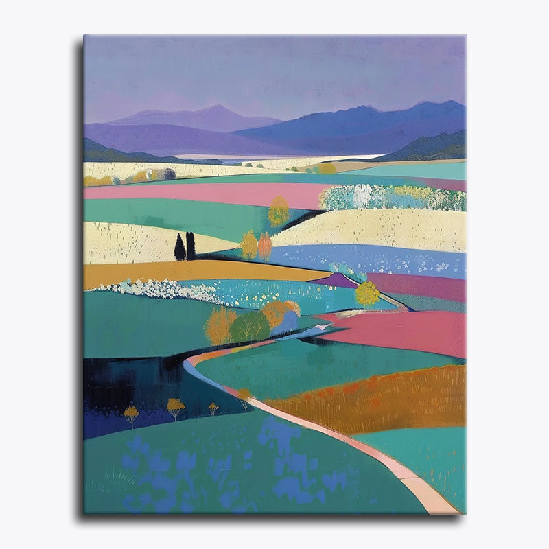 Stylised countryside landscape with colourful patchwork fields, rolling hills and blooming trees – paint by numbers canvas.