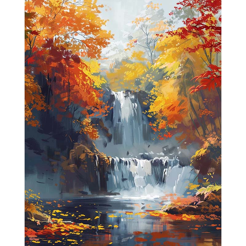 Painting of a waterfall surrounded by autumn trees with vibrant colors.