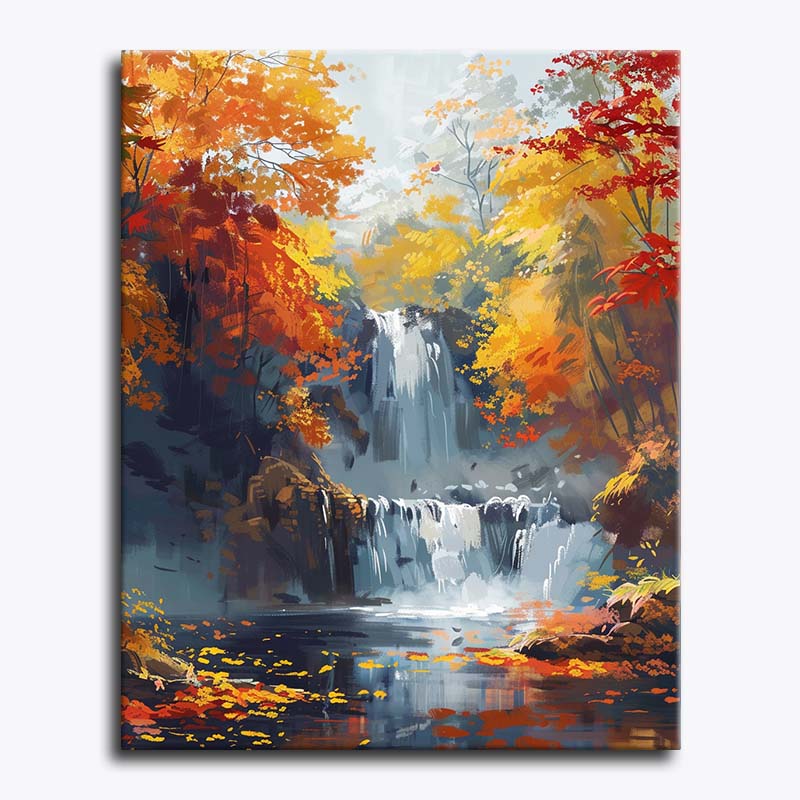 Forest waterfall flowing into a quiet pool, surrounded by golden trees in paint by numbers style.