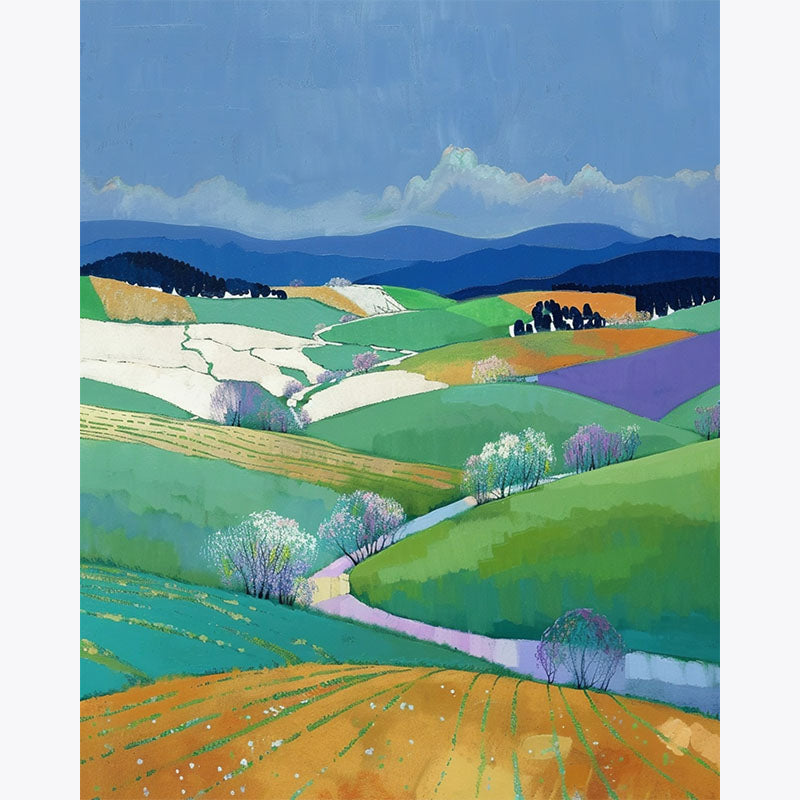 Close-up detail of blooming trees and layered colourful fields in a stylised paint by numbers artwork.