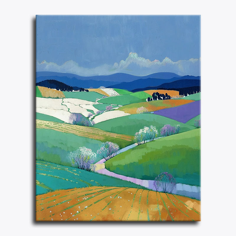 Vibrant countryside landscape with rolling hills, blooming trees and colourful patchwork fields – paint by numbers canvas.