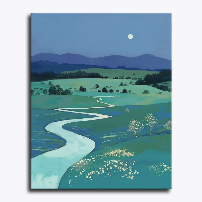 Stylised night landscape with a glowing riverbend flowing through blue-green hills – paint by numbers canvas.