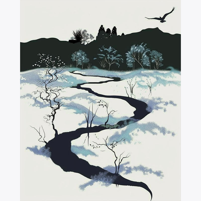 Close-up detail of a stylised black-and-white river scene with bird silhouette – paint by numbers design.