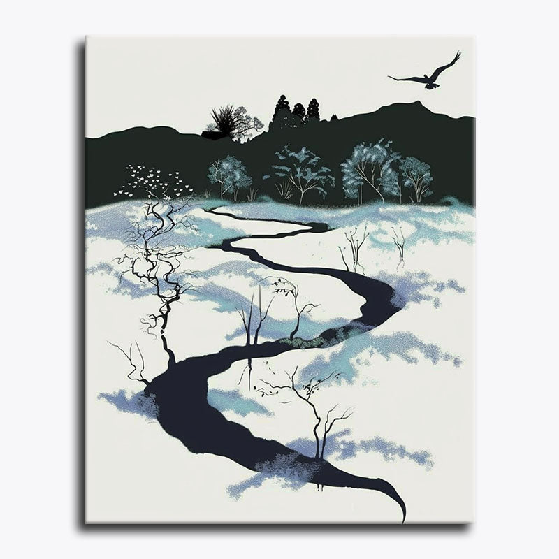 Stylised black-and-white stream landscape with a silhouetted bird and trees – paint by numbers canvas.
