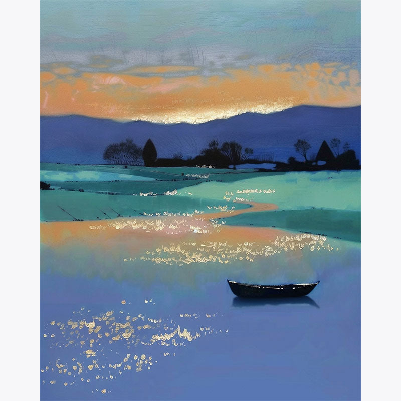 Close-up detail of the boat and glowing water reflections in a stylised paint by numbers artwork.