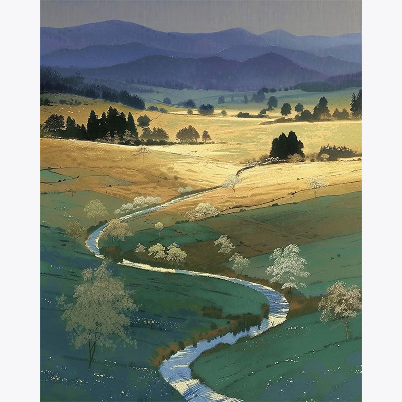 Close-up detail of the curving river and layered fields in a stylised paint by numbers artwork.
