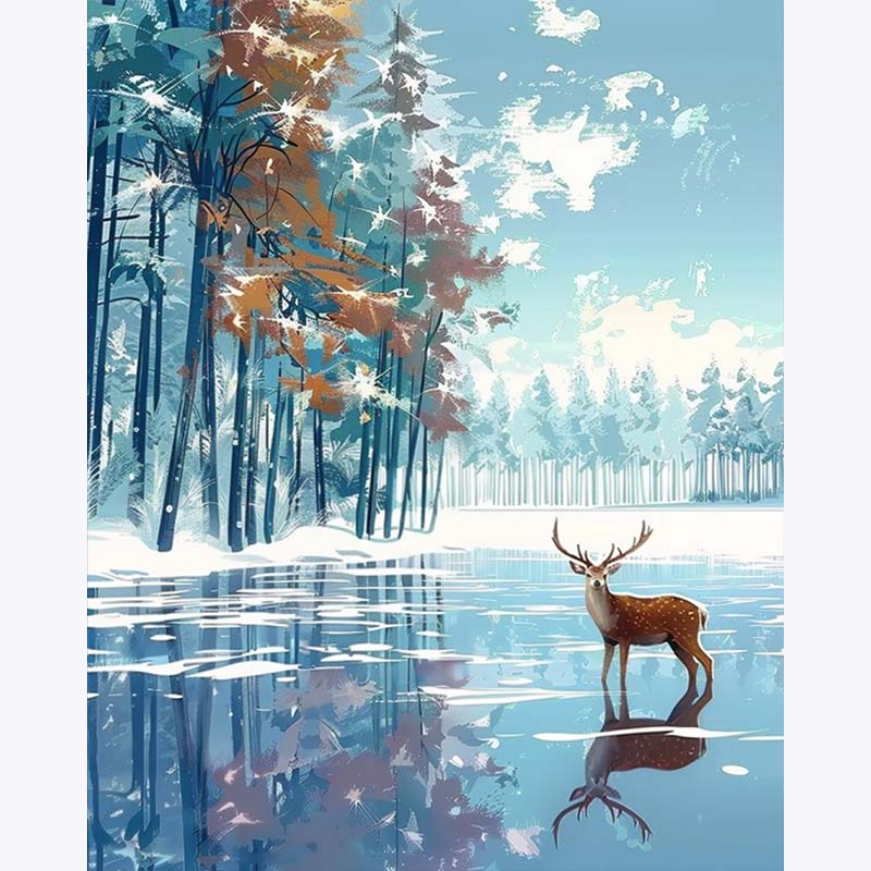 Deer standing in a snowy forest with trees reflected in a calm lake.