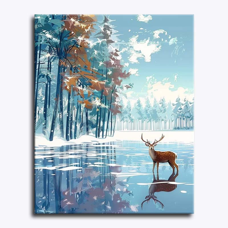 A lone deer stands by a frozen lake in a snowy forest, surrounded by tall pine trees—paint by numbers style.